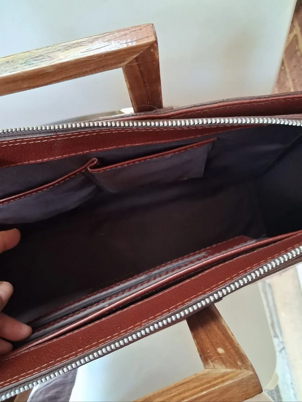 Chestnut Brown Leather Briefcase with Wooden Top Handle